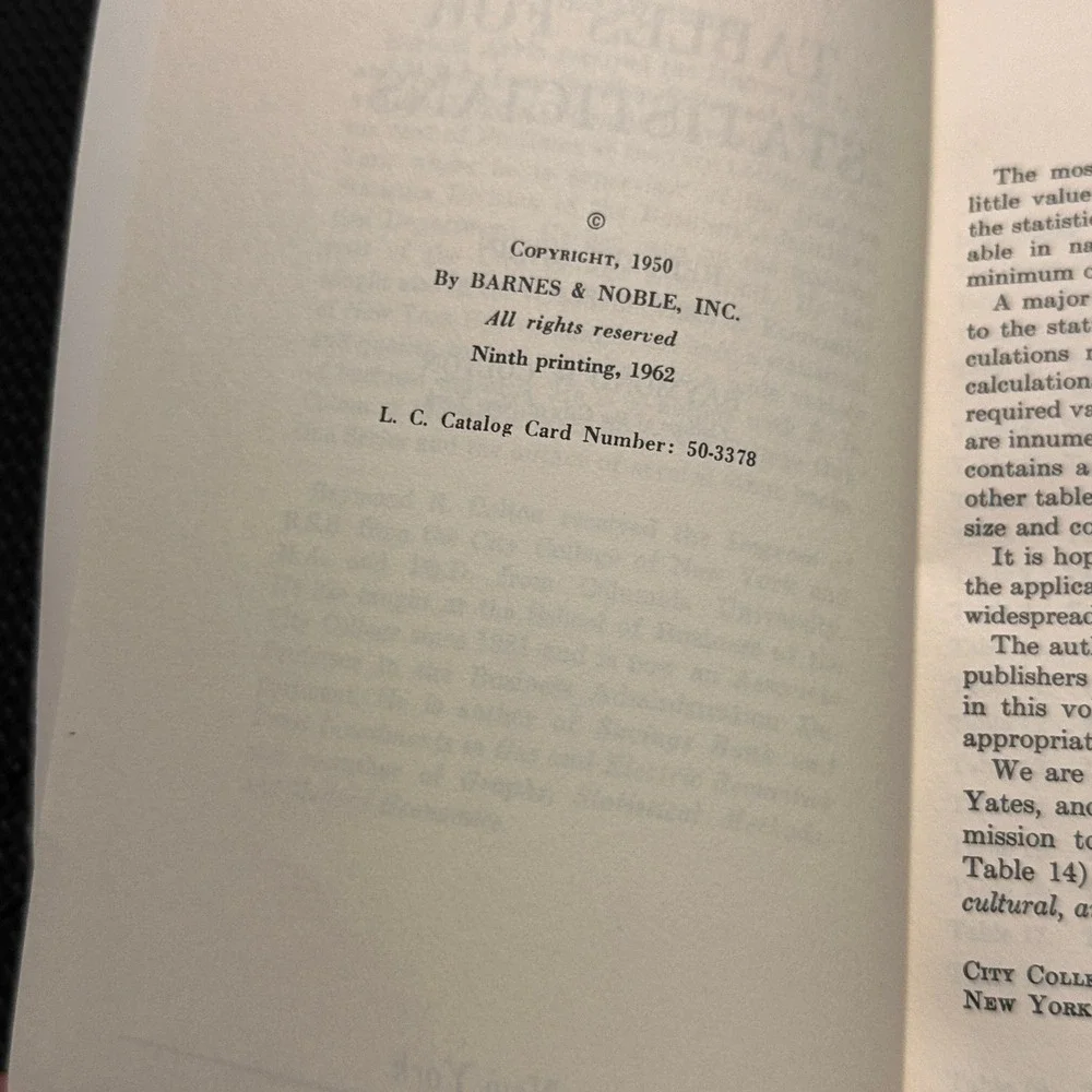 Vintage 1962 Tables for Statisticians Barnes & Noble College Outline Series No75